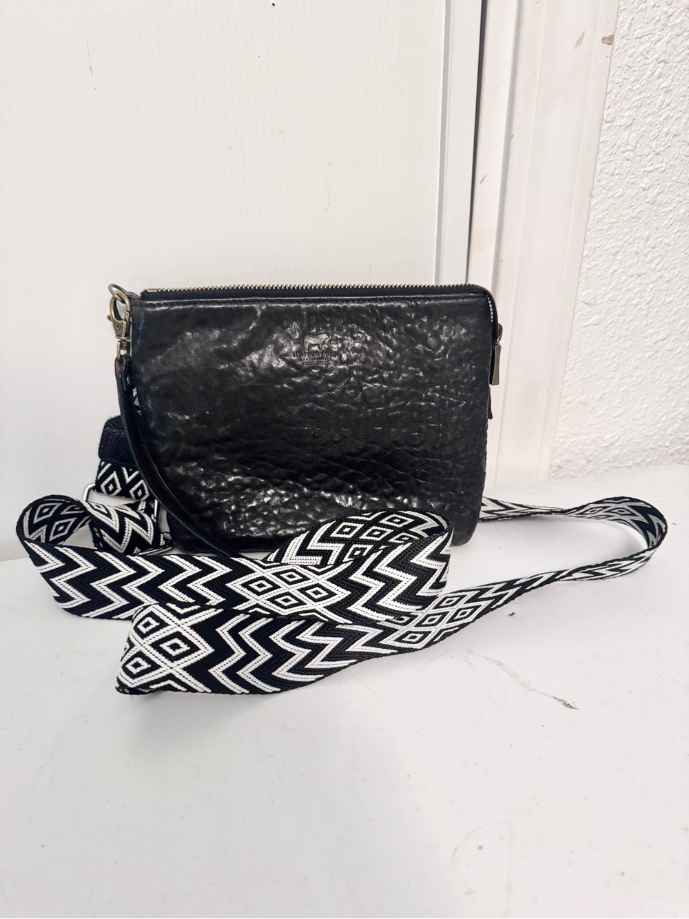 Will Leather Goods Black Leather Crossbody with Black & White Patterned Strap